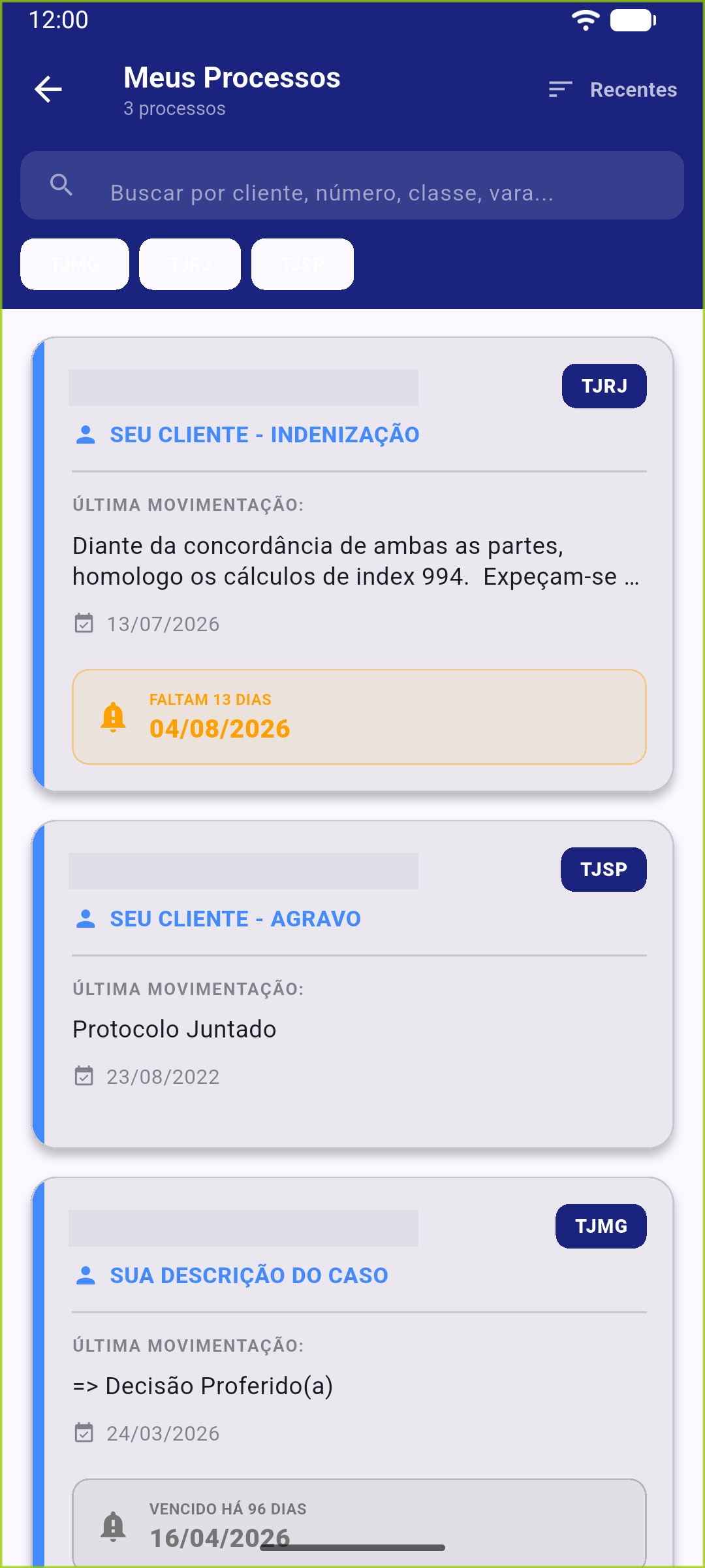 Lista de processos com os prazos