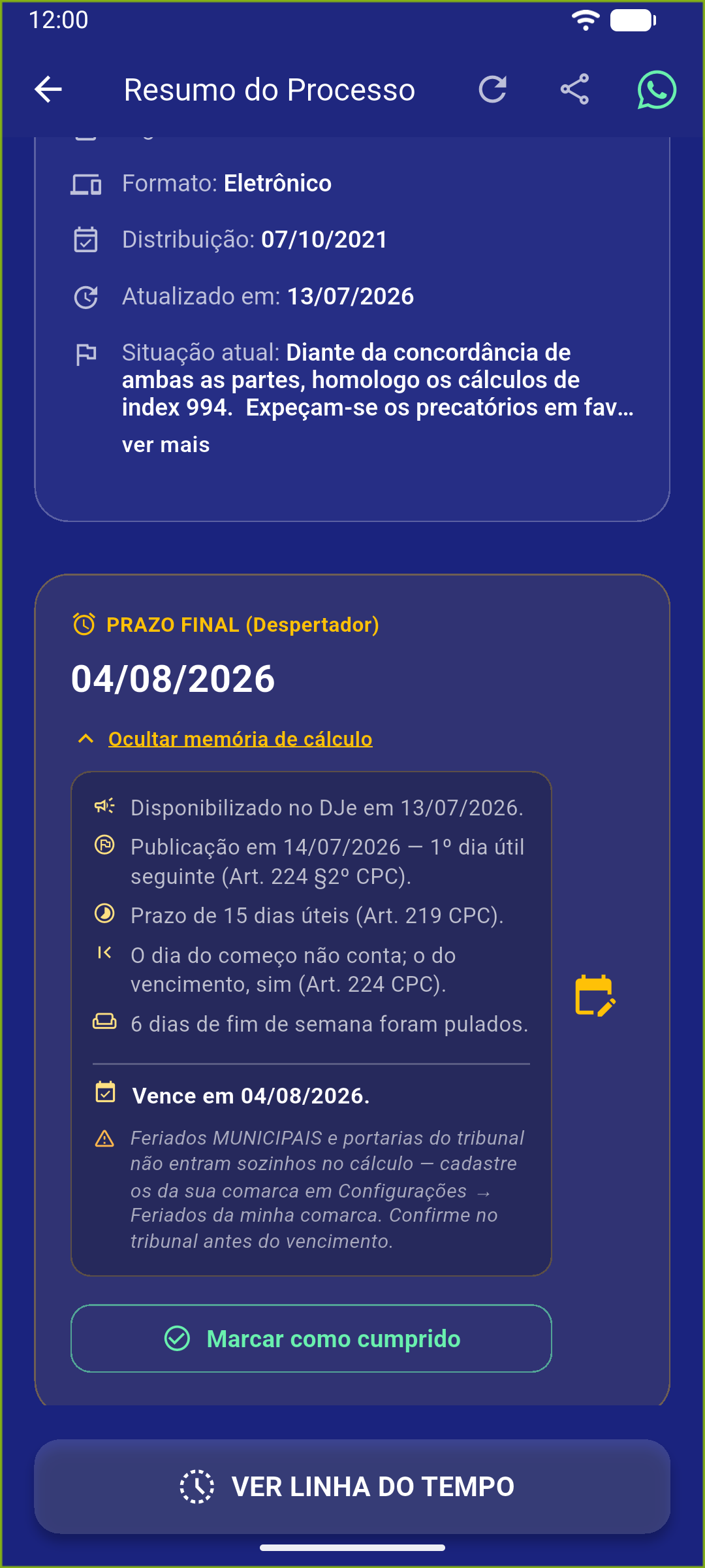 Memória de cálculo do prazo